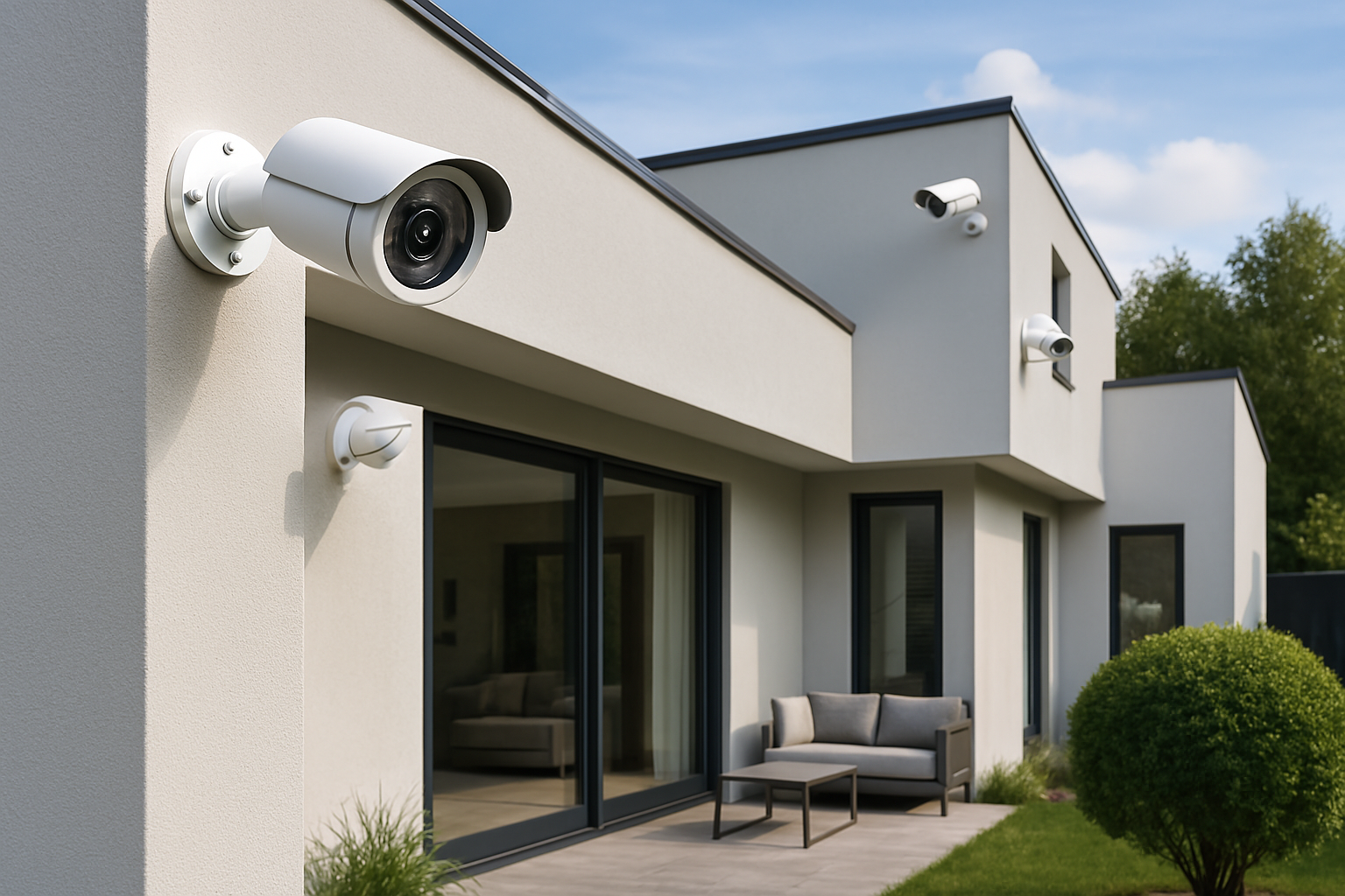 Monitoring domu - Warszawa Obrazek przedstawia monitoring nowoczesnego domu na białej ścianie budynku.