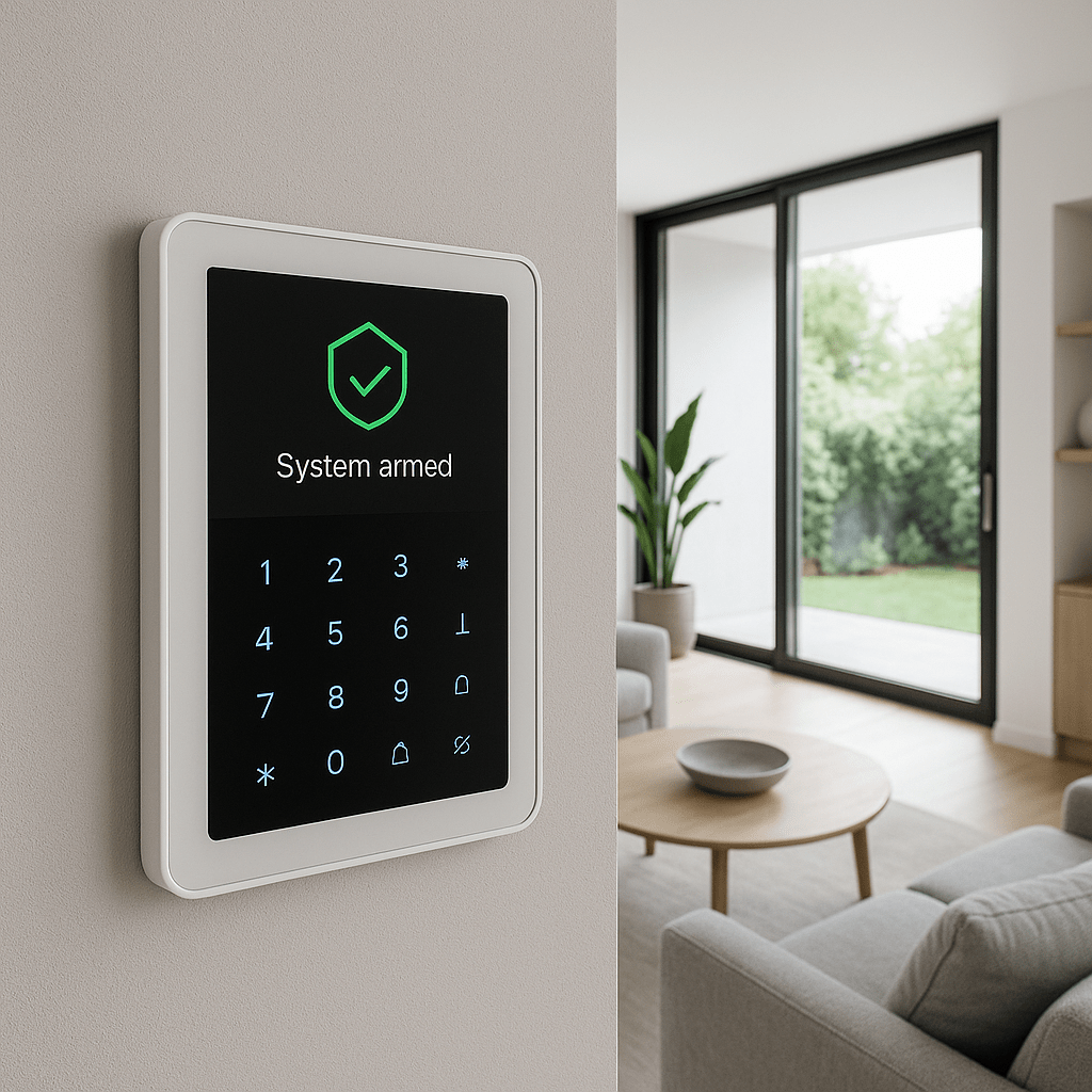 Nowoczesny panel sterowania systemem alarmowym w inteligentnym domu | Intelihome Panel sterowania systemem alarmowym na ścianie nowoczesnego domu z widokiem na salon i ogród