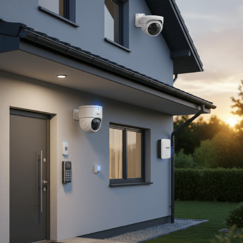 Zewnętrzna kamera i czujnik ruchu – montaż systemu alarmowego, Stare Babice | InteliHome Zewnętrzna kamera obrotowa z czujnikiem PIR przy wejściu do domu — profesjonalny montaż systemu alarmowego w Starych Babicach