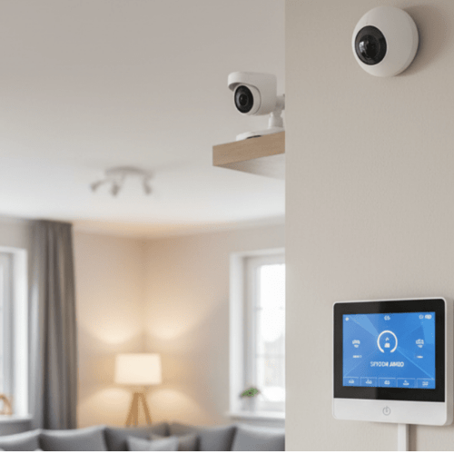 Panel sterowania alarmem i kamery wewnętrzne – Stare Babice | InteliHome Panel dotykowy systemu alarmowego oraz kamery wewnętrzne w salonie — konfiguracja i uruchomienie alarmu w Starych Babicach