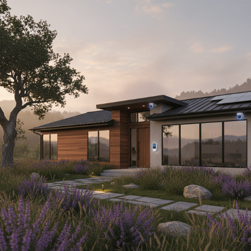 Kamery zewnętrzne przy domu – Systemy alarmowe Janki | InteliHome Nowoczesny dom z zainstalowanymi kamerami zewnętrznymi i wideodomofonem – profesjonalny system alarmowy w Jankach